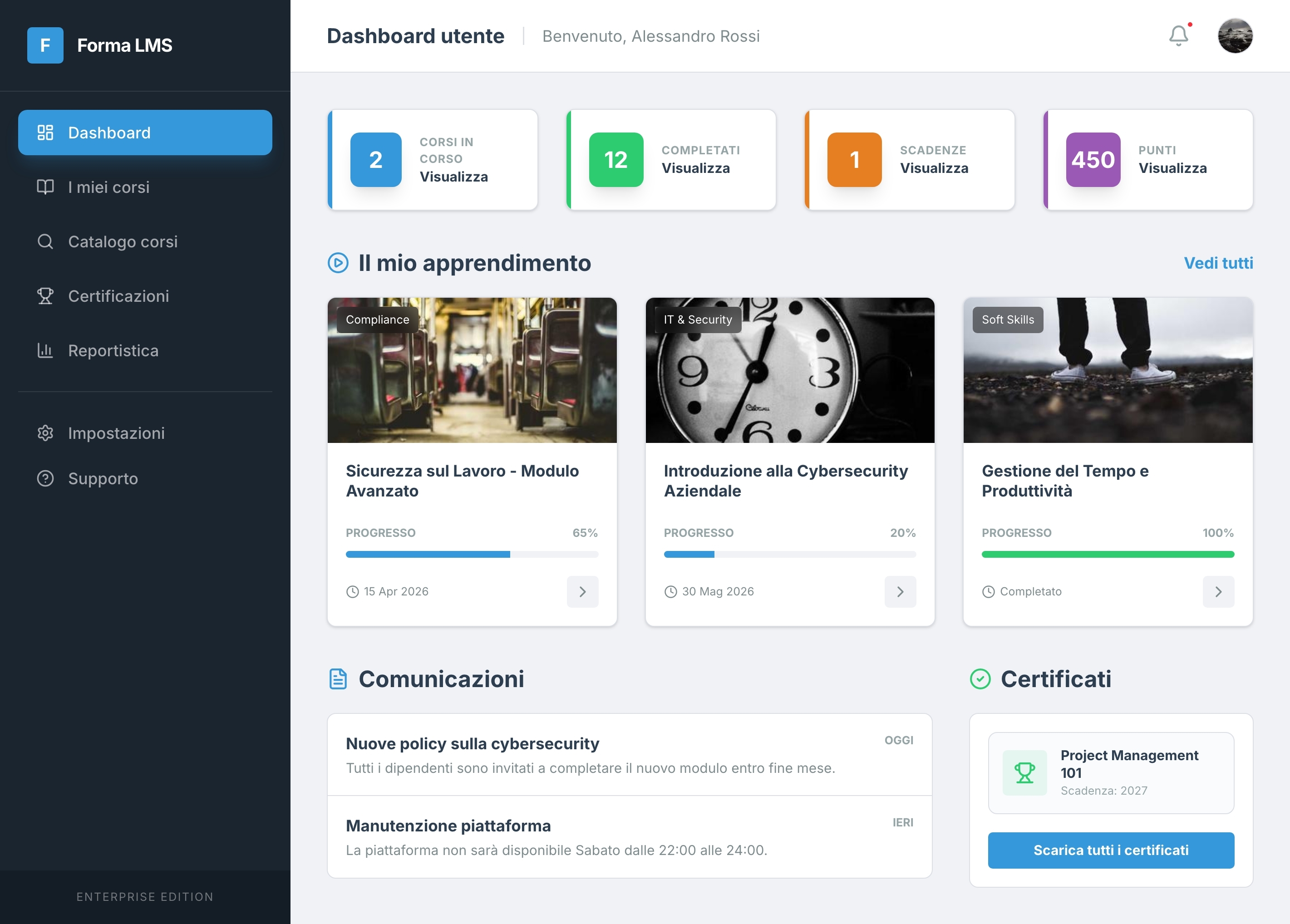 Dashboard e screenshot della piattaforma Forma LMS