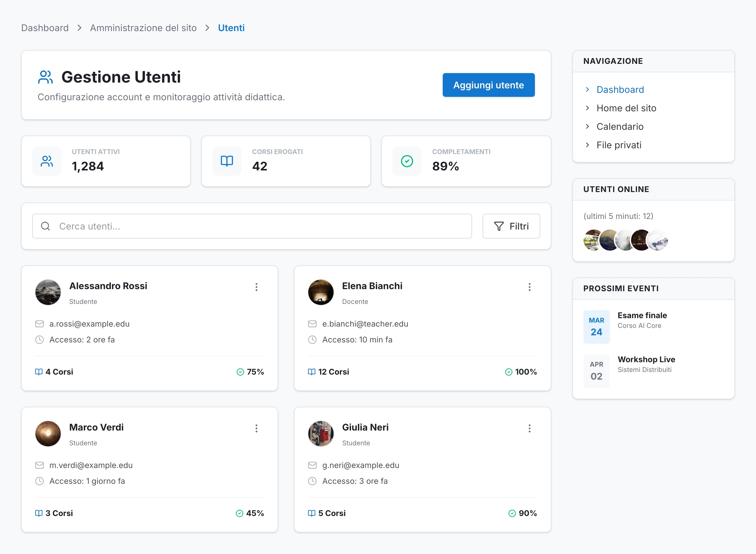 Dashboard personalizzata della piattaforma Moodle accessibile su vari dispositivi