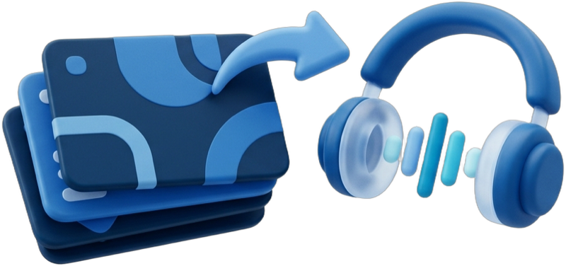 Illustrazione: documentazione e slide aziendali convertite in moduli didattici digitali e audio con voce sintetica